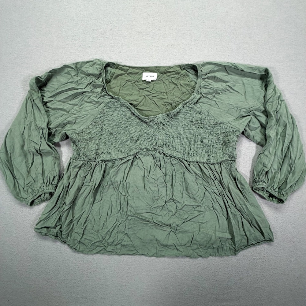 Heyson Women Blouse Relaxed Olive Green Smocked Peplum Balloon Sleeve 1XL